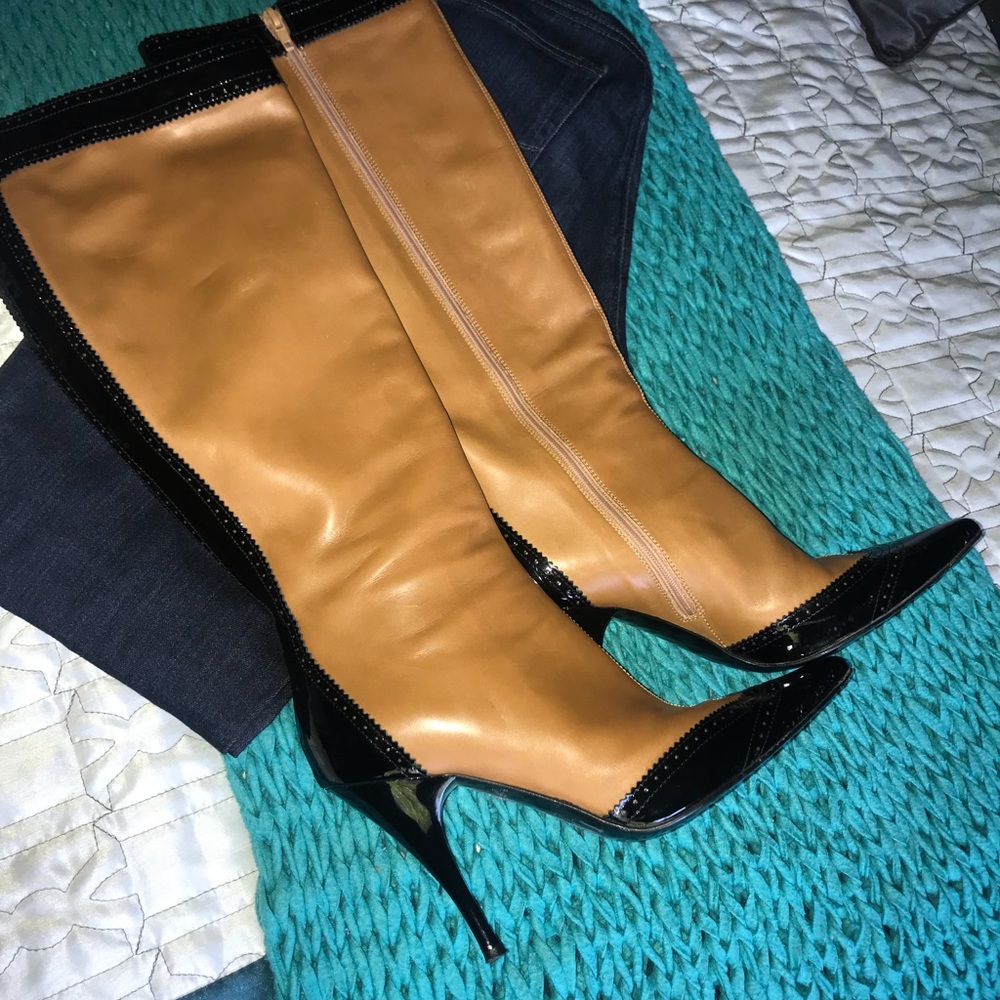 BELLOFATTO Tall Tan Boot w/ Black Patent - Sz8